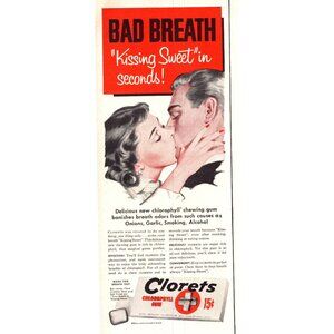 1952 Clorets Chlorophyll Gum Vintage Print Ad Kissing Bad Breath 50s Wall Art